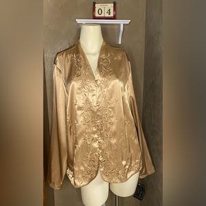 Vintage Laura Scott Gold Satin Floral Beaded Embroidered Long Sleeve 20W